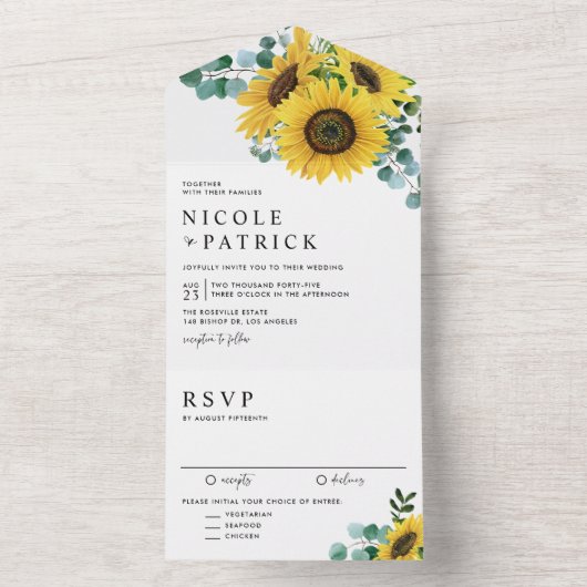 Waterverf Eucalyptus en zonnebloemen All In One Uitnodiging (Binnen)