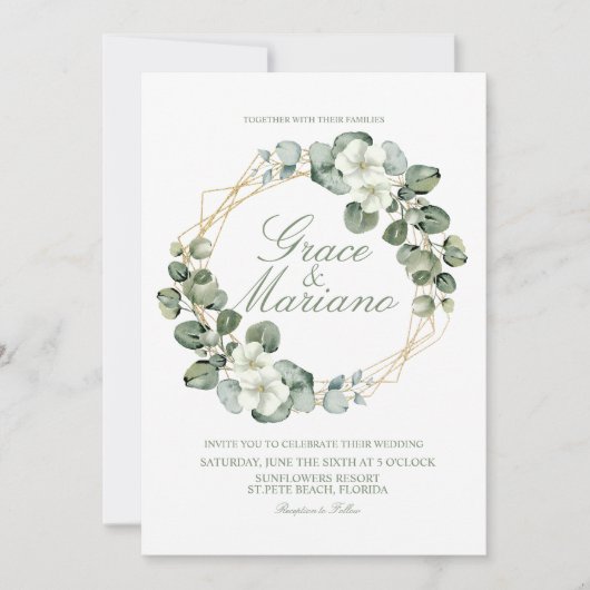 Waterverf Eucalyptus Faux Gold Wreath Weddenschap Kaart (Voorkant)