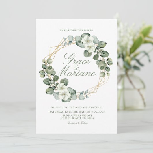 Waterverf Eucalyptus Faux Gold Wreath Weddenschap Kaart (Staand voorkant)