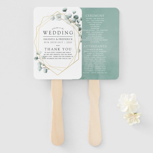 Waterverf Eucalyptus Geometric Wedding Program Handwaaier (Voorkant en achterkant)