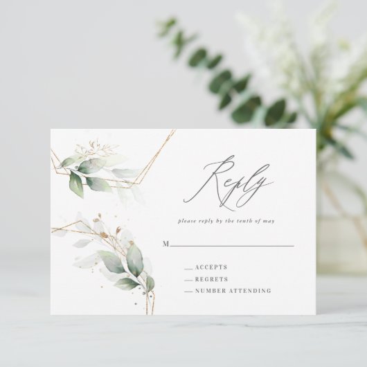 Waterverf eucalyptus goud geometrische trouwreacti RSVP kaartje (Staand voorkant)