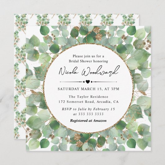 Waterverf Eucalyptus gouden glitters Bruidsdouche Kaart (Voorkant / Achterkant)