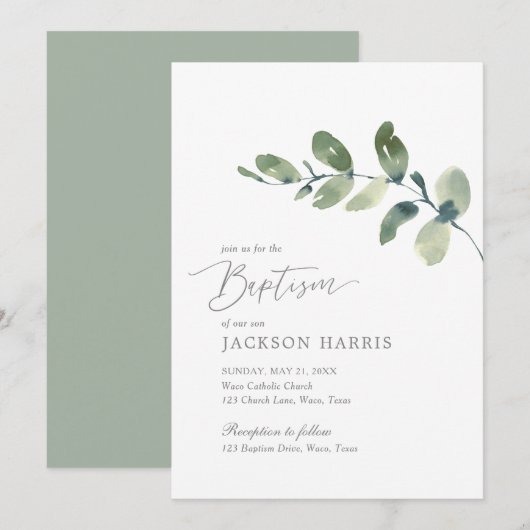 Waterverf Eucalyptus Greenery Baptism Invitation Kaart (Voorkant / Achterkant)