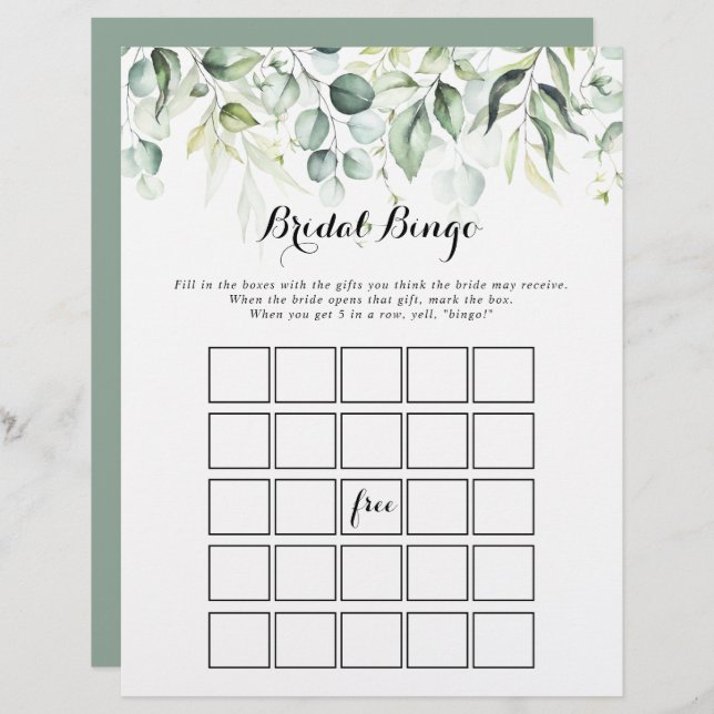 Waterverf Eucalyptus Greenery Bridal Bingo Game (Voorkant / Achterkant)