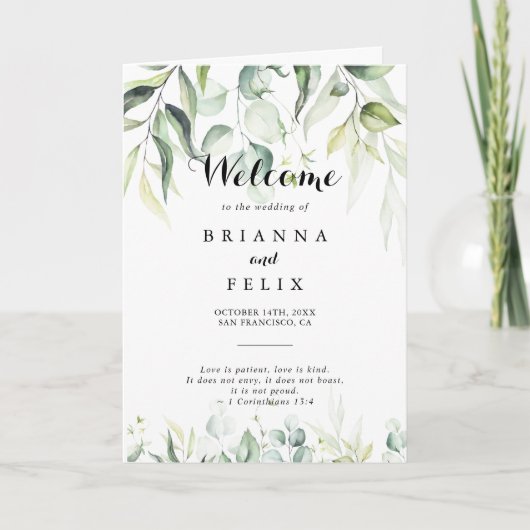 Waterverf Eucalyptus Greenery Folded Wedding Programma (Voorkant)
