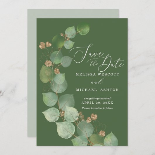 Waterverf Eucalyptus Greenery Gold Accent Modern Save The Date (Voorkant / Achterkant)