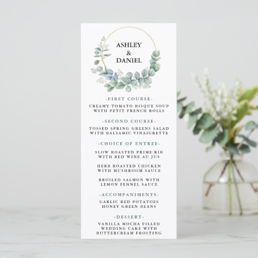 Waterverf Eucalyptus Greenery Gold Wedding Menu (Staand voorkant)