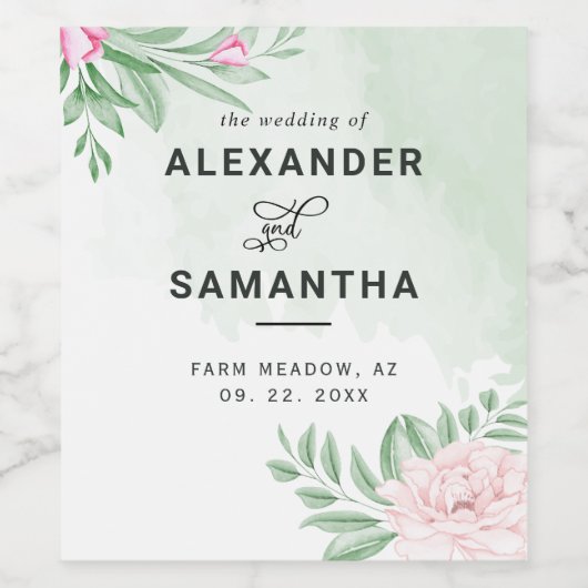 Waterverf Eucalyptus Greenery Pink Floral Wedding Wijn Etiket (Enkel label)