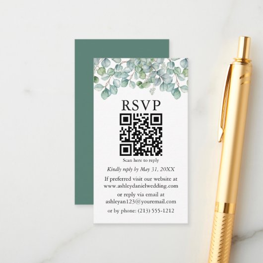 Waterverf Eucalyptus Greenery QR Wedding RSVP Informatiekaartje (Voorkant / Achterkant in situ)