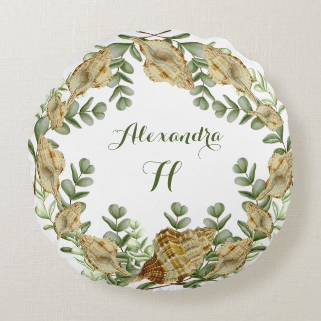 Waterverf Eucalyptus Greenery Seashell Rond Kussen (Voorkant)