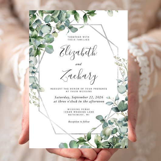 Waterverf Eucalyptus Greenery Silver Geo Wedding Kaart