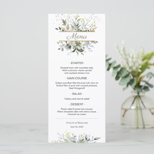 Waterverf Eucalyptus Greenery Wedding Dinner Menu (Staand voorkant)