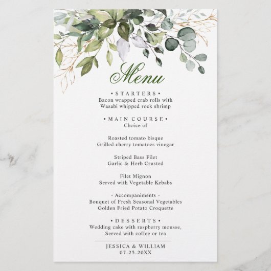 Waterverf Eucalyptus Greenery Wedding Dinner Menu (Voorkant)