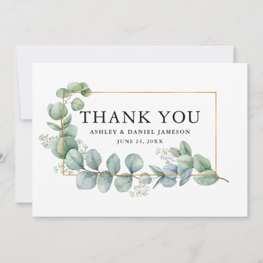 Waterverf Eucalyptus Greenery Wedding Gold Lijst Bedankkaart (Voorkant)