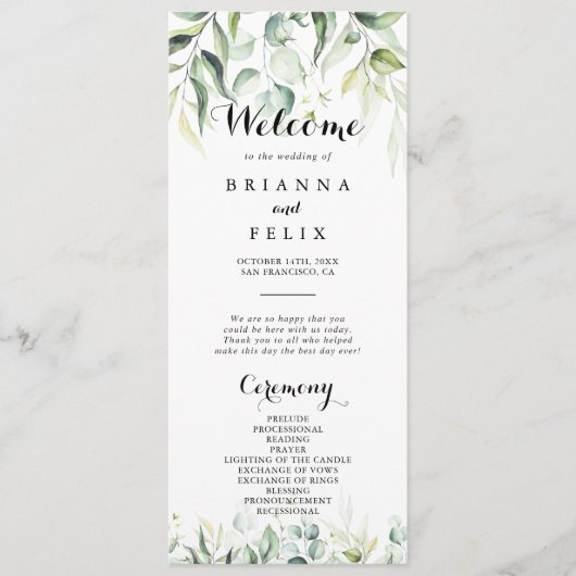 Waterverf Eucalyptus Greenery Wedding Programme Programma (Voorkant)