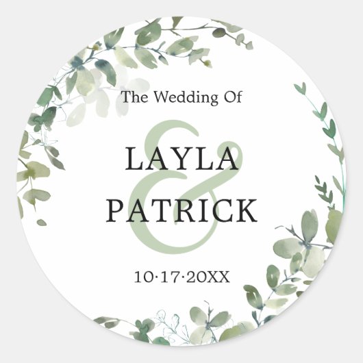 Waterverf Eucalyptus Greenery Wedding Ronde Sticker (Voorkant)