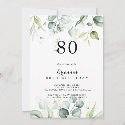 Waterverf Eucalyptus Groen 80ste Verjaardagsfeest Kaart (Voorkant)