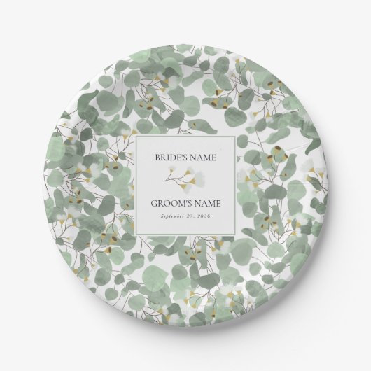 Waterverf Eucalyptus groen bloesems bruiloft Papieren Bordje (Voorkant)