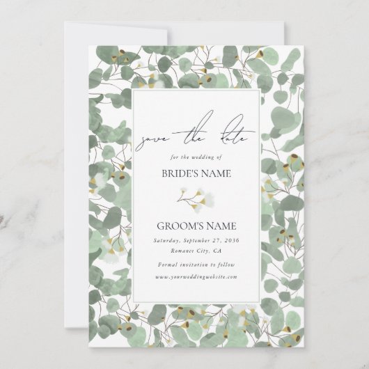 Waterverf Eucalyptus groen bloesems bruiloft Save The Date (Voorkant)