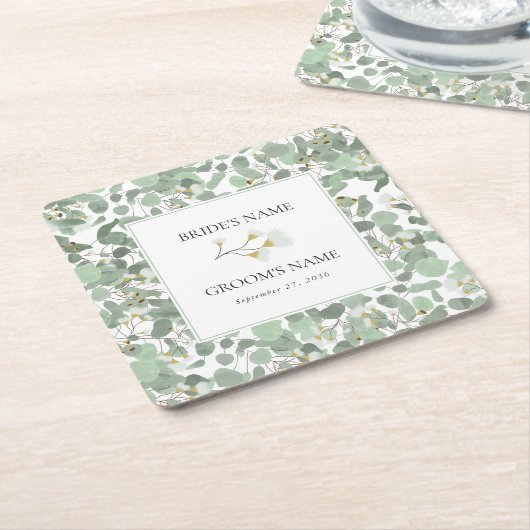 Waterverf Eucalyptus groen bloesems bruiloft Vierkante Kartonnen Onderzetter (Schuin)