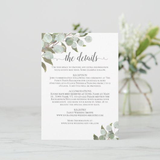 Waterverf Eucalyptus & groen Bruiloft Details Informatiekaartje (Staand voorkant)