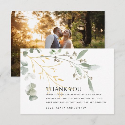 Waterverf eucalyptus groen bruiloft foto bedankkaart (Voorkant / Achterkant)