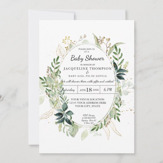 Waterverf Eucalyptus groen in goud Baby shower Kaart (Voorkant)