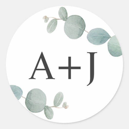Waterverf Eucalyptus groen met Initialen Ronde Sticker (Voorkant)
