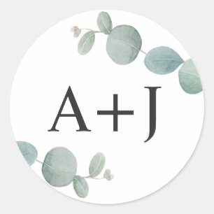 Waterverf Eucalyptus groen met Initialen Ronde Sticker