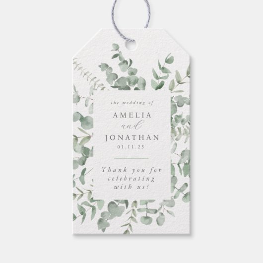 Waterverf Eucalyptus Huwelijksgunsten Cadeaulabel (Voorkant)