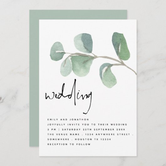 Waterverf Eucalyptus Informal Script Weddenschap Kaart (Voorkant / Achterkant)