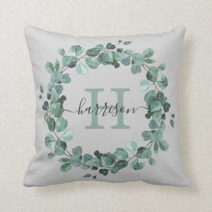 Waterverf Eucalyptus Krans Groene Monogram Kussen