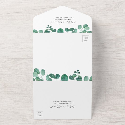 Waterverf Eucalyptus laat botanische bruiloft acht All In One Uitnodiging (Buitenkant)