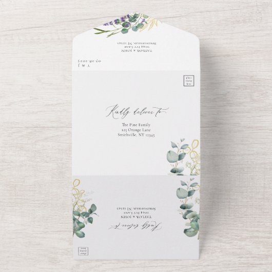 Waterverf eucalyptus lavendel kalligrafie bruiloft all in one uitnodiging (Buitenkant)