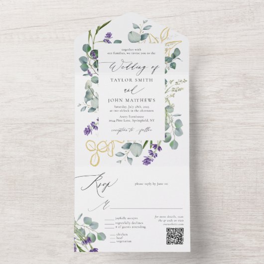 Waterverf eucalyptus lavendel kalligrafie bruiloft all in one uitnodiging (Binnen)