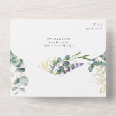 Waterverf eucalyptus lavendel kalligrafie bruiloft all in one uitnodiging (Achterkant)