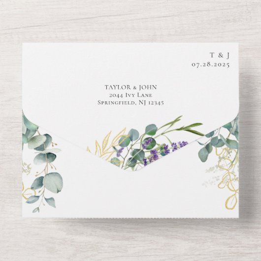 Waterverf eucalyptus lavendel kalligrafie bruiloft all in one uitnodiging (Achterkant)