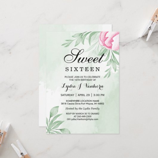 Waterverf Eucalyptus Leaves Sweet 16 Birthday Kaart (Voorkant / Achterkant in situ)