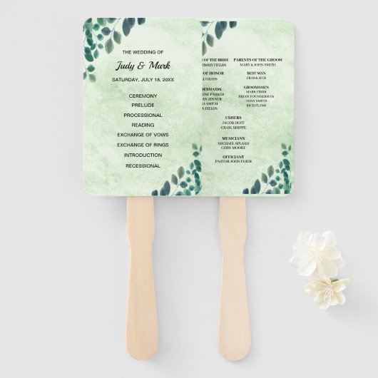 Waterverf Eucalyptus Leaves Wedding Program Handwaaier (Voorkant en achterkant)