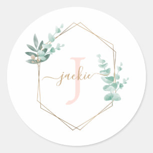 Waterverf Eucalyptus Lijst Monogram Ronde Sticker