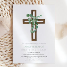 Waterverf Eucalyptus Modern Cross Christening Kaart