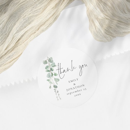 Waterverf eucalyptus namen datum dank u bruiloft ronde sticker