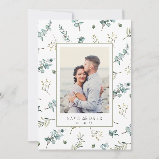 Waterverf Eucalyptus Pattern Foto Weddenschap Save The Date (Voorkant)