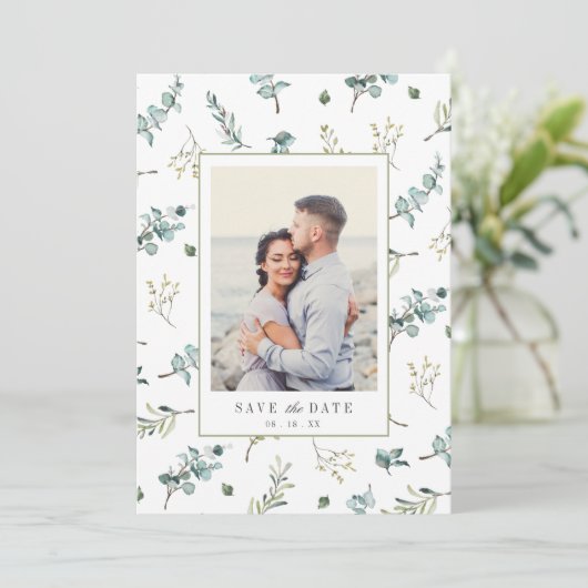 Waterverf Eucalyptus Pattern Foto Weddenschap Save The Date (Staand voorkant)