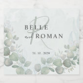 Waterverf Eucalyptus Sage Groen Monogram Bruiloft Sparkling Wijnetiket (Enkel label)