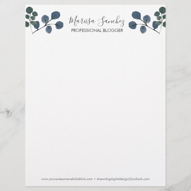 Waterverf Eucalyptus Script Naam Modern  Briefhoofd (Voorkant)