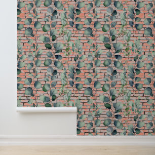 Waterverf Eucalyptus tak baksteen verlaat groen Behang