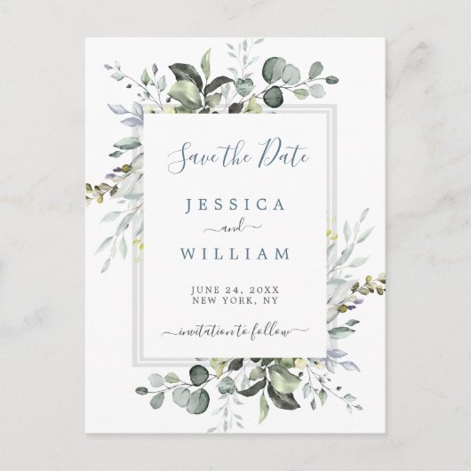 Waterverf Eucalyptus Weddenschap Opslaan Datum Aankondigingskaart (Voorkant)