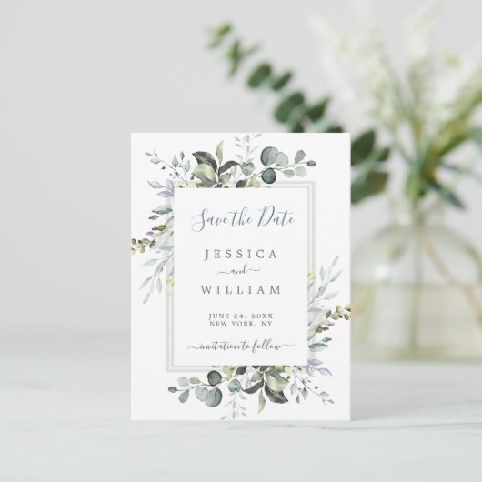 Waterverf Eucalyptus Weddenschap Opslaan Datum Aankondigingskaart (Staand voorkant)