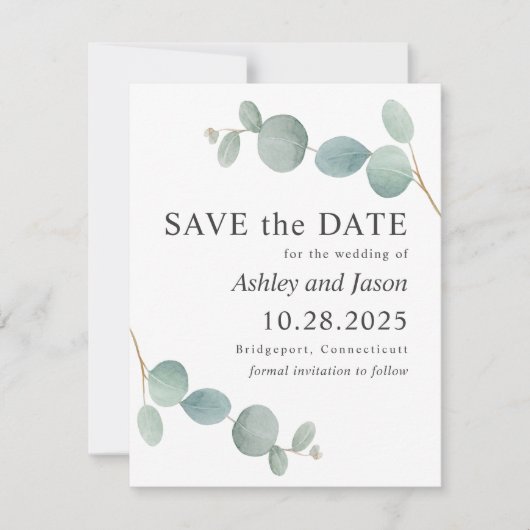 Waterverf Eucalyptus Weddenschap Opslaan Datum Save The Date (Voorkant)